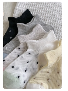 Detail of mesh knit socks set with polka dot patterns and breathable texture