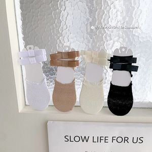 Women Lace Invisible Boat Socks Hollow Out Mesh Ribbon Bow Lolita Ballet Style Breathable Summer Anti-Slip Liner