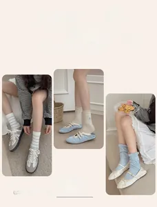 Detail of blue and white heart embroidery and bow socks with soft cotton knit texture