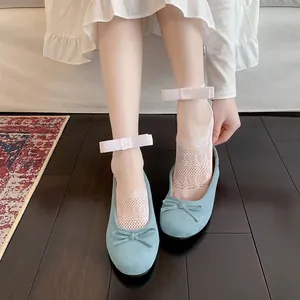 Lolita style white lace mesh summer socks for women with delicate silk bow decoration