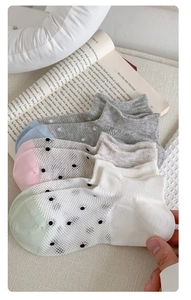 Detail of breathable mesh texture and colorful polka dots on cotton ankle socks