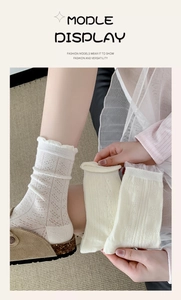 Detailed view of white cotton crew socks with lace trim and hollow jacquard pattern