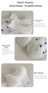 Detail view of white mesh socks showing breathable fabric, polka dots and green toes