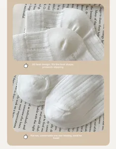 Close-up of white ribbed socks showing the anti-slip heel and flat toe seam detail