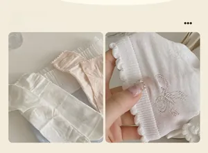 Detail of hollow bow pattern and lace edges on white and pink crew socks for women