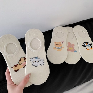 Women Invisible Boat Socks Cotton Breathable Low Cut Anti Slip Cartoon Animal Puppy Rabbit Embroidery Kawaii No Show Socks