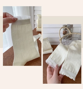 Close-up of white lace trim socks featuring delicate butterfly jacquard knit patterns