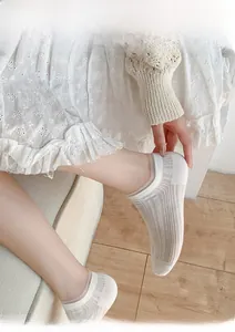 Gros plan de chaussettes en dentelle blanche montrant la texture rayée ajourée