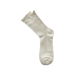 Breathable cream mesh mid-calf socks with cute rolled edges and ribbed knit texture