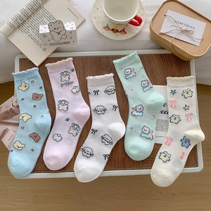 Women Mid Tube Socks Cotton Blend Breathable Mesh Cartoon Puppy Bear Ruffle Lace Edge Preppy Style Sweet