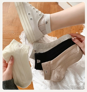 Detailed bear embroidery on breathable cotton mesh short socks in four classic colors