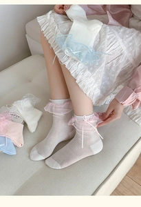 Detail von Lolita-Socken mit Spitzensaum, vertikalem Rippmuster und rosa Schleifenverzierung