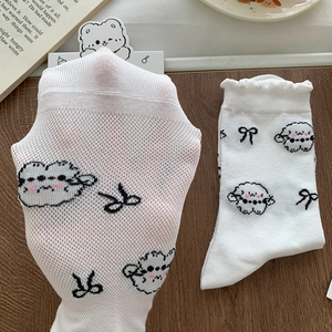 Breathable mesh women's mid-tube socks with cute sheep pattern and ruffled lace trim