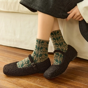 Vintage Baroque patterned crew socks with dark coffee lamb wool Mary Jane flat shoes
