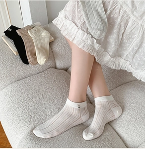 Close-up of cute bear embroidery and ribbed texture on white mesh cotton socks