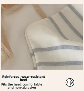 Close-up of reinforced heel on white and grey striped cotton crew socks for women