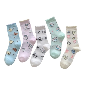 Set of five colorful women's mid-calf socks with cute cartoon dogs and lace trim details