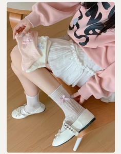 Detail of sheer mid-calf socks featuring ribbon bows and wavy ruffled edges in soft pastel colors