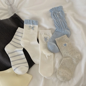 Women Mid Calf Crew Socks Combed Cotton Breathable Soft Daily Korean Ins Style Heart Bow Ruffle Artificial Pearl Embroidery