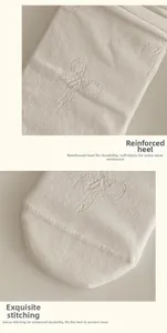 Close-up of reinforced heel and toe on white hollow bow-knot ribbed knit crew socks
