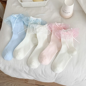Lolita Wadenhohe Socken Baumwolle Rippenstrick Spitze Rüschen Schleife Süßer Japanischer Stil Atmungsaktiv Für Damen