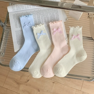 Sweet Japanese Style Crew Socks For Women Girls Cotton Blend Ribbed Knit With Plaid Bow And Ruffle Trim Lettuce Edge