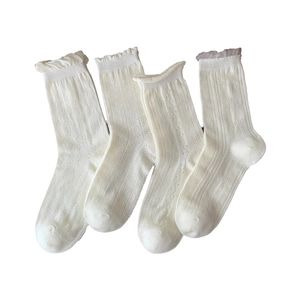 White lace frill socks set with hollow knit patterns and sweet ruffled edges for women