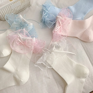 Lolita Baby Kniestrümpfe mit Spitzenrüschen und Schleifen in Weiß, Rosa und Blau