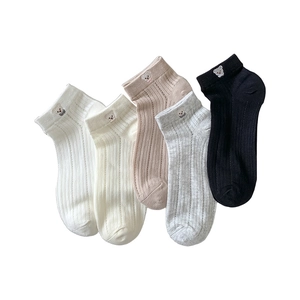 Five-pack set of breathable mesh cotton low-cut socks with cute bear embroidery and stripes