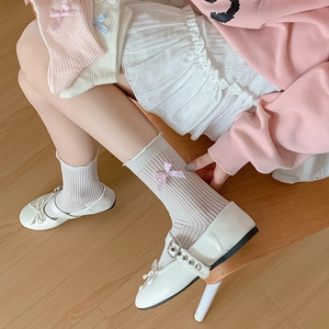 Lace-up plaid bow socks with white Mary Jane shoes for a sweet Japanese aesthetic