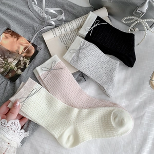 Women Mesh Crew Socks Cotton Blend Breathable Pointelle Knit Bowknot Detail Contrast Cuff Preppy Sweet Aesthetic