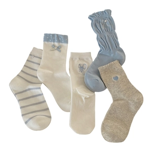 Five-pack set of blue and white mid-calf socks with heart embroidery and bow details