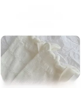 Macro shot of white knitted mesh socks showing elastic ruffled cuffs and fine texture