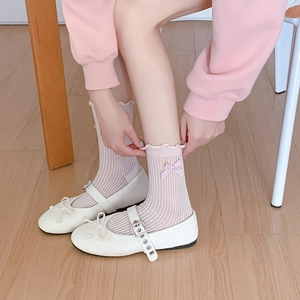 Pink ribbon bow mesh socks with frilled edges paired with white Mary Jane leather shoes