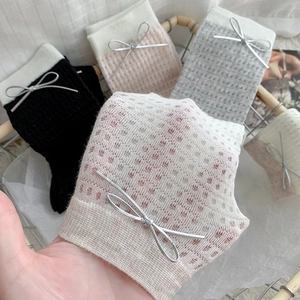 Breathable mesh crew socks with leather bow detail and color block cuffs for women