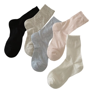 Five-pack of sheer hollow-out heart crew socks in various soft pastel colors for summer