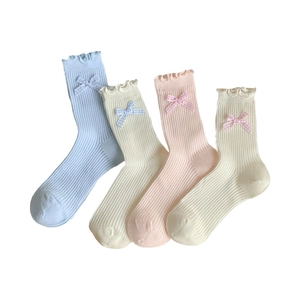 Women's ruffled mesh socks set with plaid bow knots in four soft pastel colors