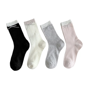 Breathable mesh mid-calf socks with leather bows in black, beige, grey, and pink set