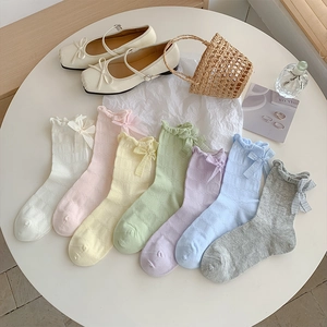 Women Crew Socks Cotton Blend Mesh Breathable Bow Knot Ruffle Edge Sweet Japanese Lolita Style Candy Colors Fashion