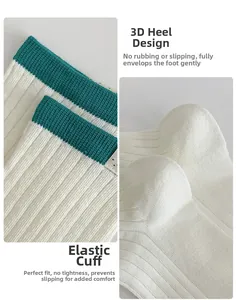 Detail of white ribbed socks featuring elastic striped cuffs and ergonomic heel design