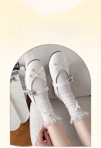 Detailed close-up of white lolita socks featuring delicate lace edges and sweet bows