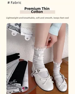 Close-up of white cotton socks with lace trim and sweet bows in Mary Jane shoes