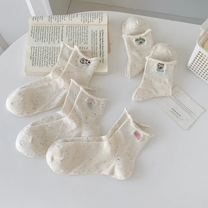 Süße Damen Socken Mit Tierstickerei Baumwollmischung Atmungsaktiv Mesh Nep-Garn Rollsaum Kawaii