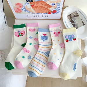 Cartoon Elephant Mid-Calf Socks Combed Cotton Breathable Elastic Contrast Color Kawaii Animal Pattern For Women Girls