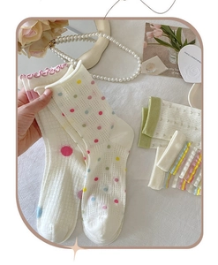 Detailed view of sheer summer socks with colorful polka dots and breathable mesh texture