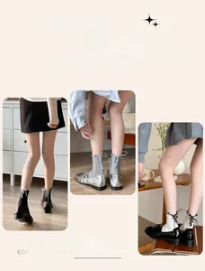 Detailed view of women's sheer mid-calf socks with sweet bow ribbons in black, white, and gray
