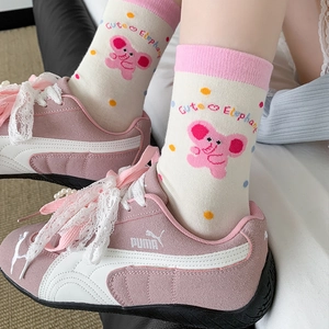 Cute pink elephant cartoon socks for women with colorful polka dots and soft cotton fabric