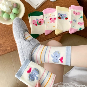 Cute cartoon elephant socks in pastel colors for women, breathable cotton crew socks