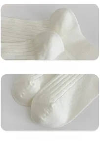 Close-up of reinforced heel and seamless toe details on white ribbed cotton crew socks