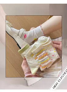 Detail of colorful polka dot and striped socks showing high elasticity and soft texture